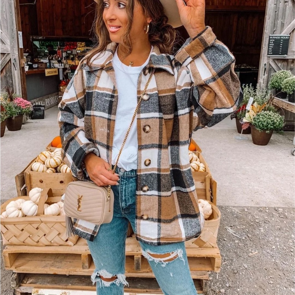 Plaid Button-Up shacket oversized long sleeve sweater women - Picture 3 of 5